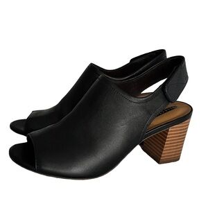 Clark’s DEVA JAYLEEN BLACK LEATHER OPEN TOE ADJUSTABLE SLINGBACK HEELS Size 6 M